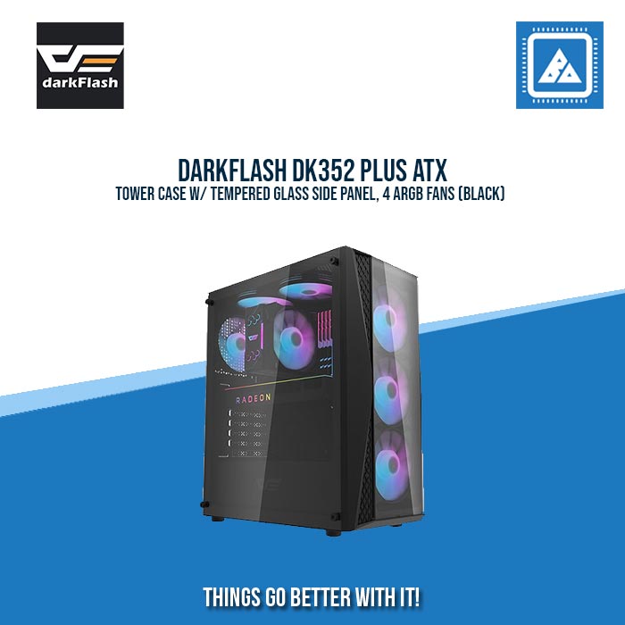 DARKFLASH DK352 PLUS ATX TOWER CASE W/ TEMPERED GLASS SIDE PANEL, 4 ARGB FANS (BLACK) DARKFLASH DK352 PLUS ATX TOWER CASE W/ TEMPERED GLASS SIDE PANEL, 4 ARGB FANS (BLACK)